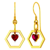 Hexagonal 14K gold earring with a red heart pendant 