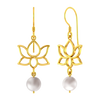 14K Unique earrings with gold lotus design and a hanging pearl