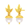 14K Gold Nature-Inspired Drop Earrings with Pearl and Leaf Design