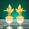 14K Gold Nature-Inspired Drop Earrings with Pearl and Leaf Design