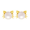 14K Gold Cute & Lightweight Cat Stud Earrings with Pearl