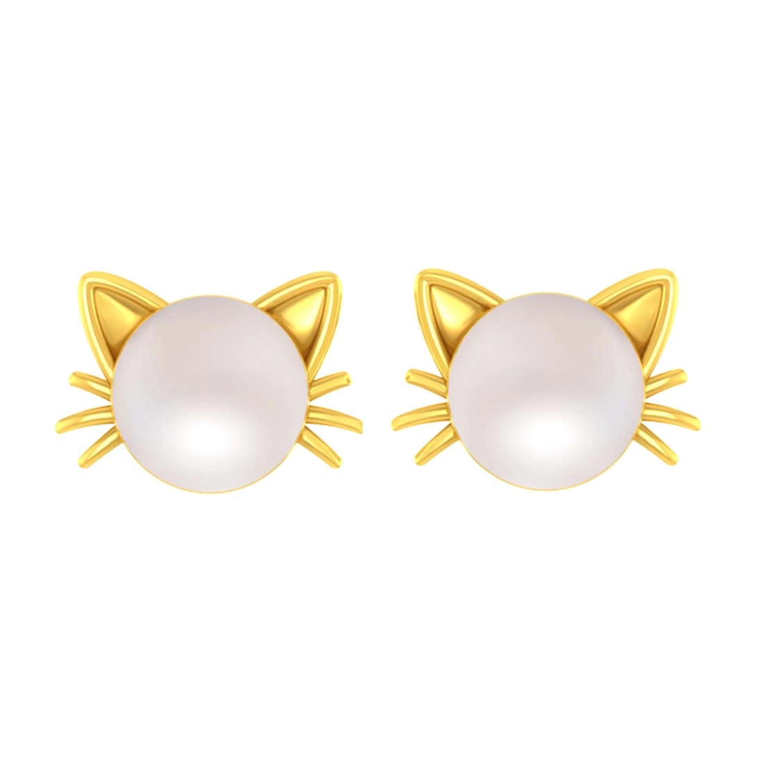 14K Gold Cute & Lightweight Cat Stud Earrings with Pearl