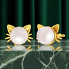 14K Gold Cute & Lightweight Cat Stud Earrings with Pearl