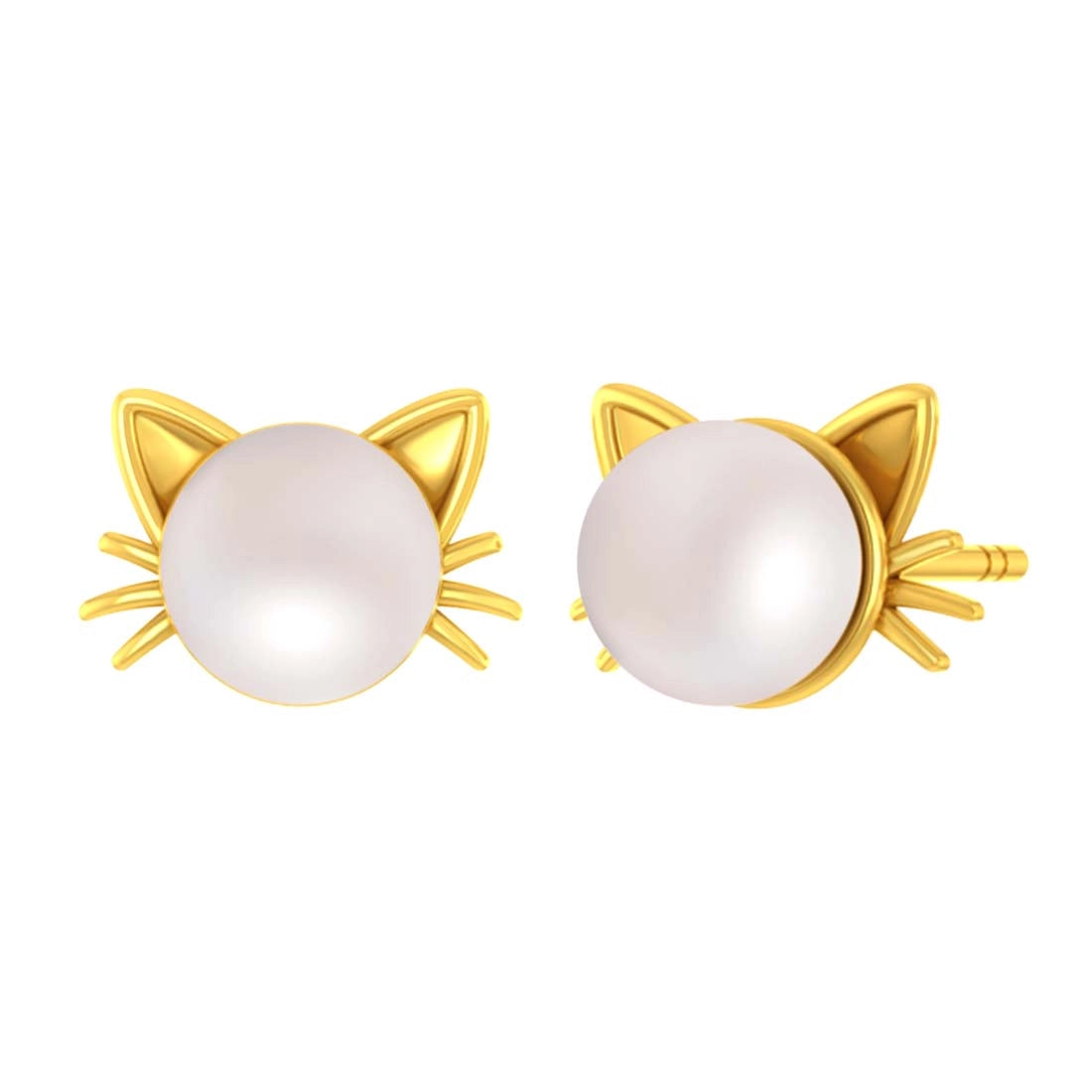 14K Gold Cute & Lightweight Cat Stud Earrings with Pearl