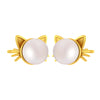 14K Gold Cute & Lightweight Cat Stud Earrings with Pearl