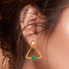 18K triangle gold earrings with a shiny green stone 