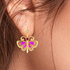 18K classy gold butterfly shaped earrings with red and purple stones 