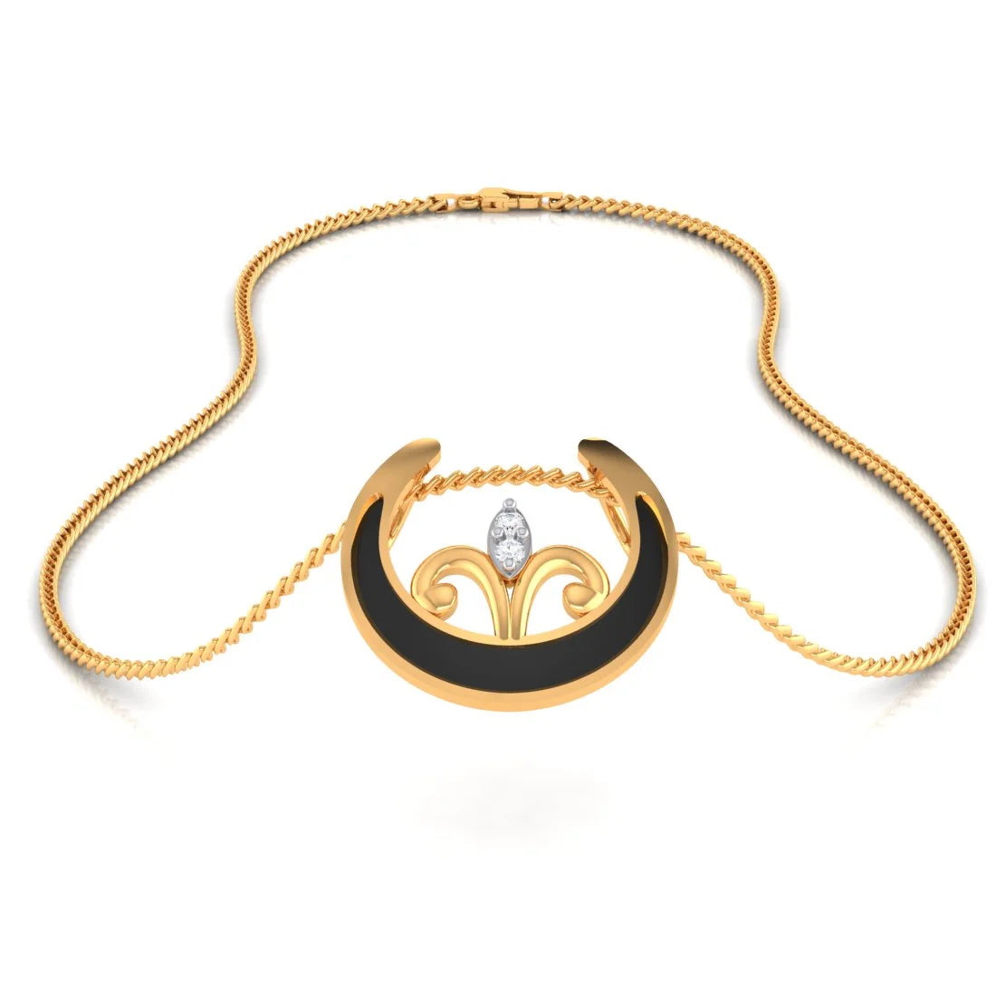 18K Diamond Pendant Crescent Moon Floral Design with Black Meena ...