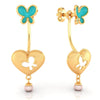 18K heart-shaped dangler gold earrings with butterflies and pearl drop 