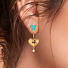 18K heart-shaped dangler gold earrings with butterflies and pearl drop 