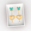 18K heart-shaped dangler gold earrings with butterflies and pearl drop 