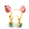 18K gold earrings with stone-studded rose flower design and a heart drop 