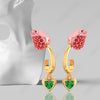 18K gold earrings with stone-studded rose flower design and a heart drop 