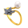 18K diamond ring with a diamond studded five-petal floral design and a pearl