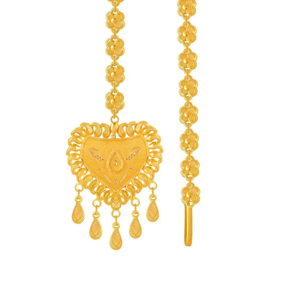 22KT (916) Yellow Gold Heart Shape Gold Maang Tika With Multiple Danglers