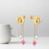 22K Birds Hold Pink Hearts and Balls Gold Diamond Earings