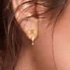 22KT (916) Yellow Gold Dangle Drop Earrings With Flower Motif And Playful Ball Drop