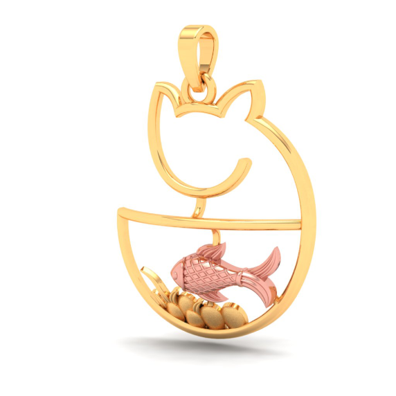 22K Cat shaped fish bowl Gold Pendant with a touch of rose gold from Online Exclusive
