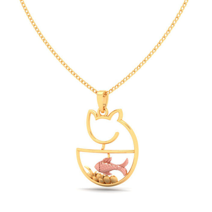 22K Cat shaped fish bowl Gold Pendant with a touch of rose gold from Online Exclusive