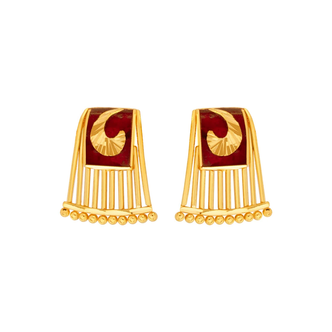 22k Gold Drop Earring With Red Enamel & Gold Line Design