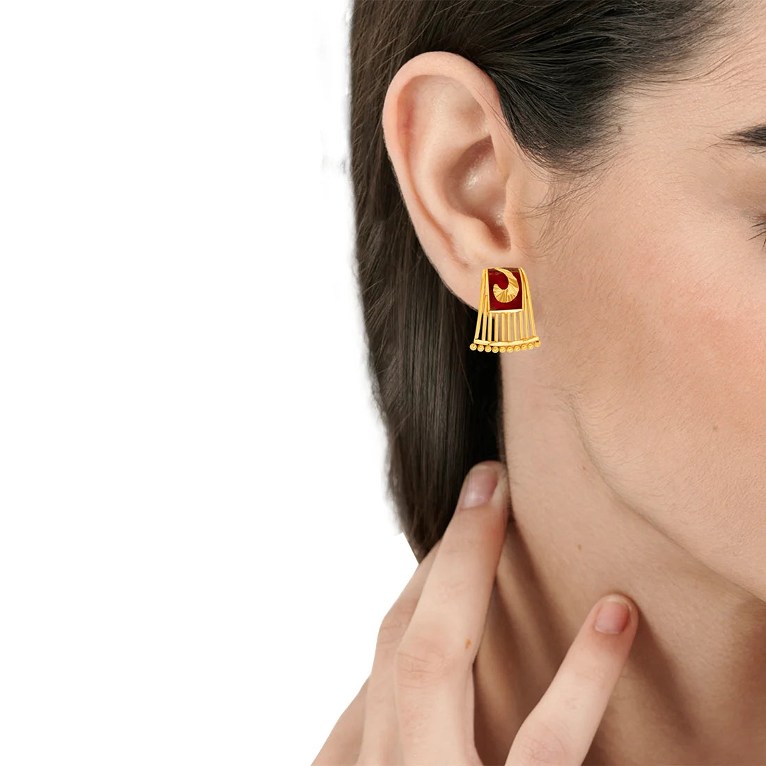 22k Gold Drop Earring With Red Enamel & Gold Line Design