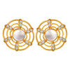 22K gold earrings with a pearl in the center of curved concentric circles and stone detailing