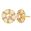 22K gold earrings with a pearl in the center of curved concentric circles and stone detailing