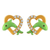 22K gold earrings with green dolphin motifs in stone-studded hearts 