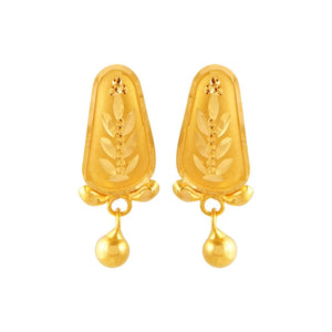 22KT (916) Yellow Gold Dangle Stud Earrings With Fine Leaf Engraving And Ball Drop