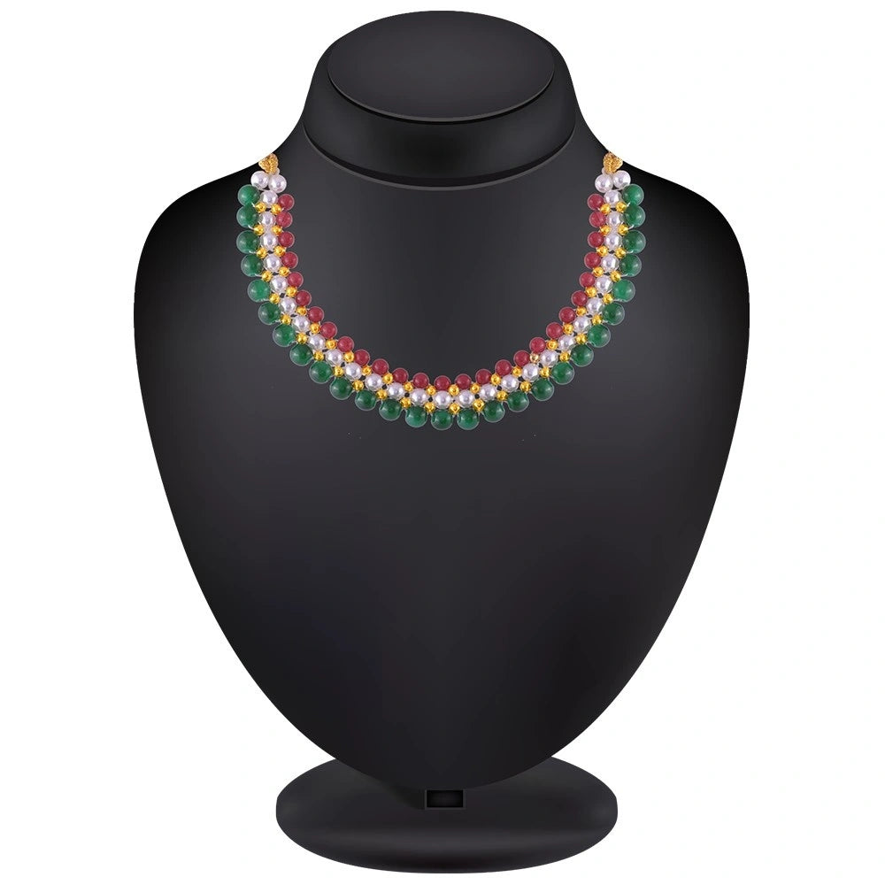 22k Intricate Pearl Gold Tushi Necklace With Red & Green Beads