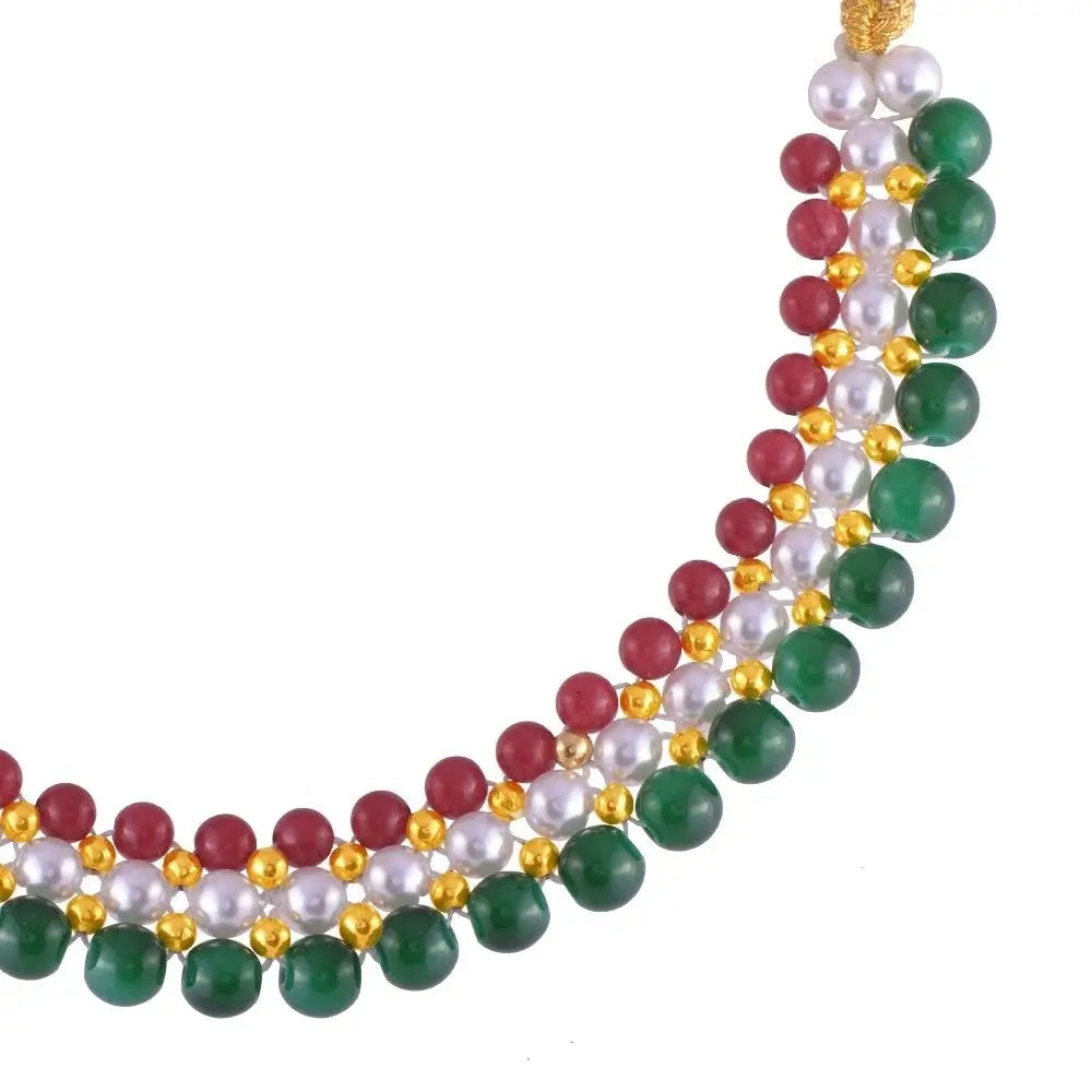 22k Intricate Pearl Gold Tushi Necklace With Red & Green Beads