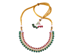 22k Intricate Pearl Gold Tushi Necklace With Red & Green Beads