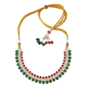 22k Intricate Pearl Gold Tushi Necklace With Red & Green Beads