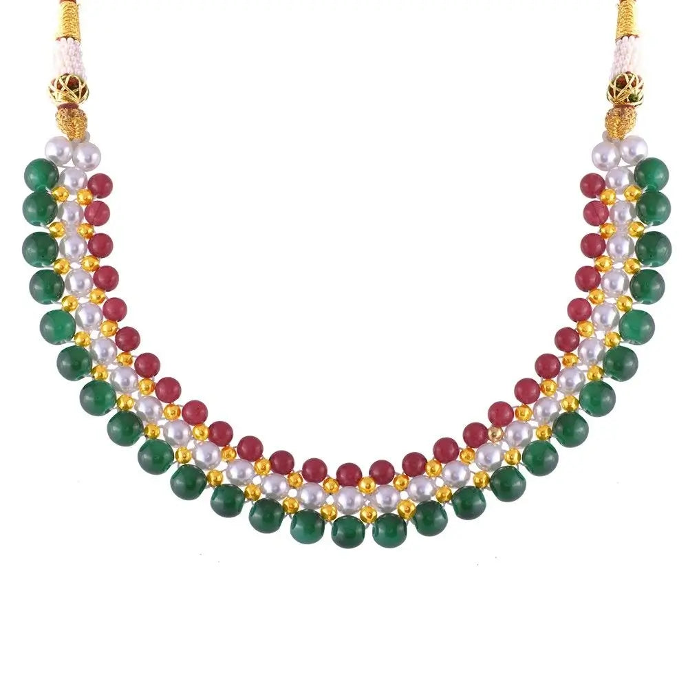 22k Intricate Pearl Gold Tushi Necklace With Red & Green Beads