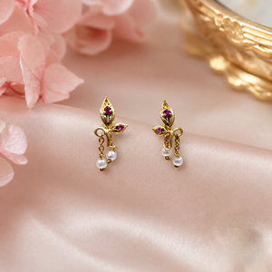 14K Gold Earrings With Leaf Design And Pearl Chain Drops