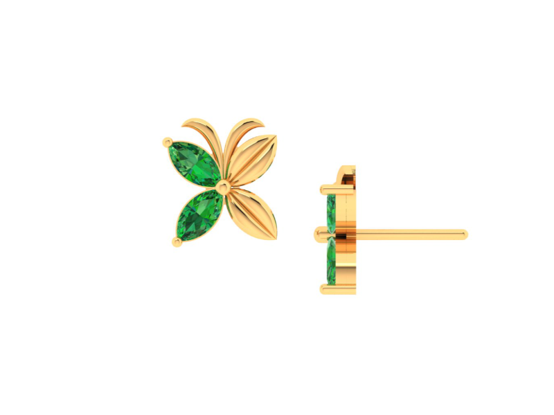 14K Gold Stud Earrings in the shape of floral Butterfly with Green stones