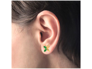 14K Gold Stud Earrings in the shape of floral Butterfly with Green stones