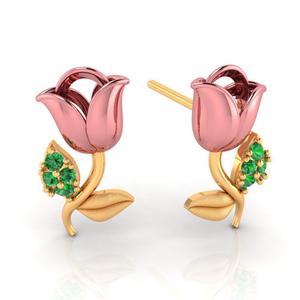 14K Pink Rose and Green stone leaves Gold Earrings