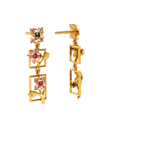 3 Tiered 14K Climber Gold Floral Earrings