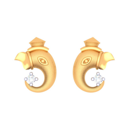 14K Ganesha Gold Earring With Four-Dimensional Clear Cut Gem 