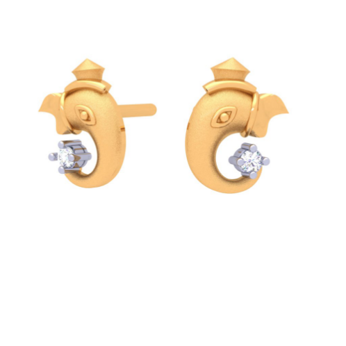 14K Ganesha Gold Earring With Four-Dimensional Clear Cut Gem 
