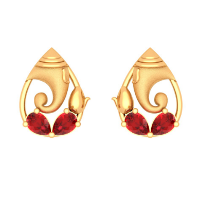 14K Lord Ganesha Gold Earring Design With Red Teardrop Gem