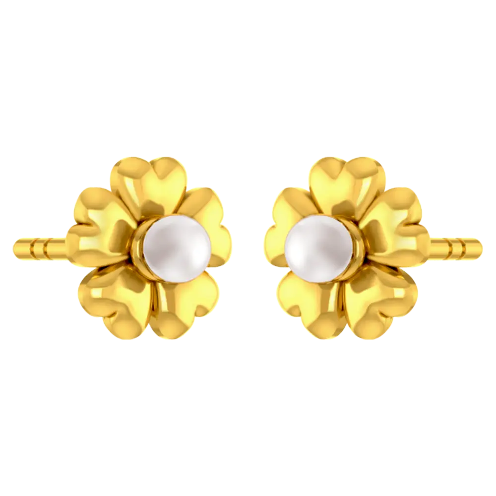 14K gold earring with a floral design and a pearl centre 