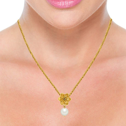 Minimal Lightweight 14k Gold Flower Motif Pendant with Pearl Drop from PC Chandra Online Exclusive Collection 