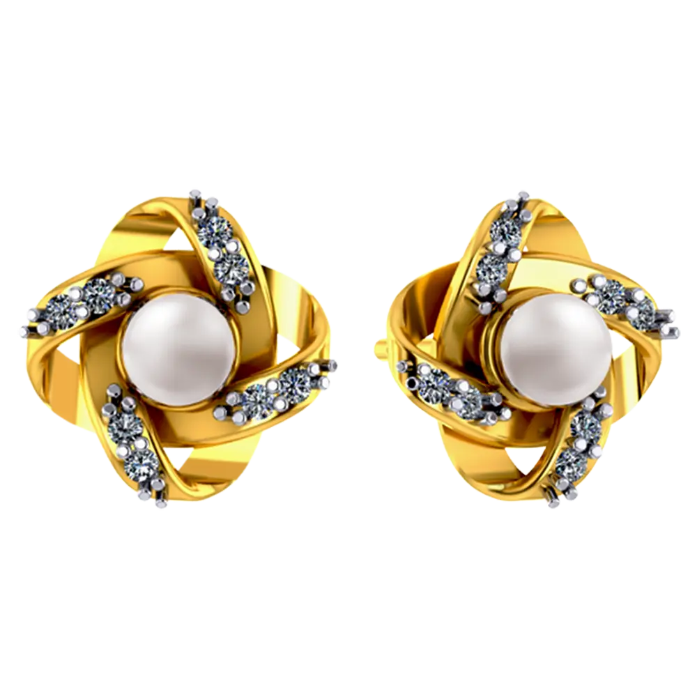 14K Floral 3D gold earrings with pearl and stone design