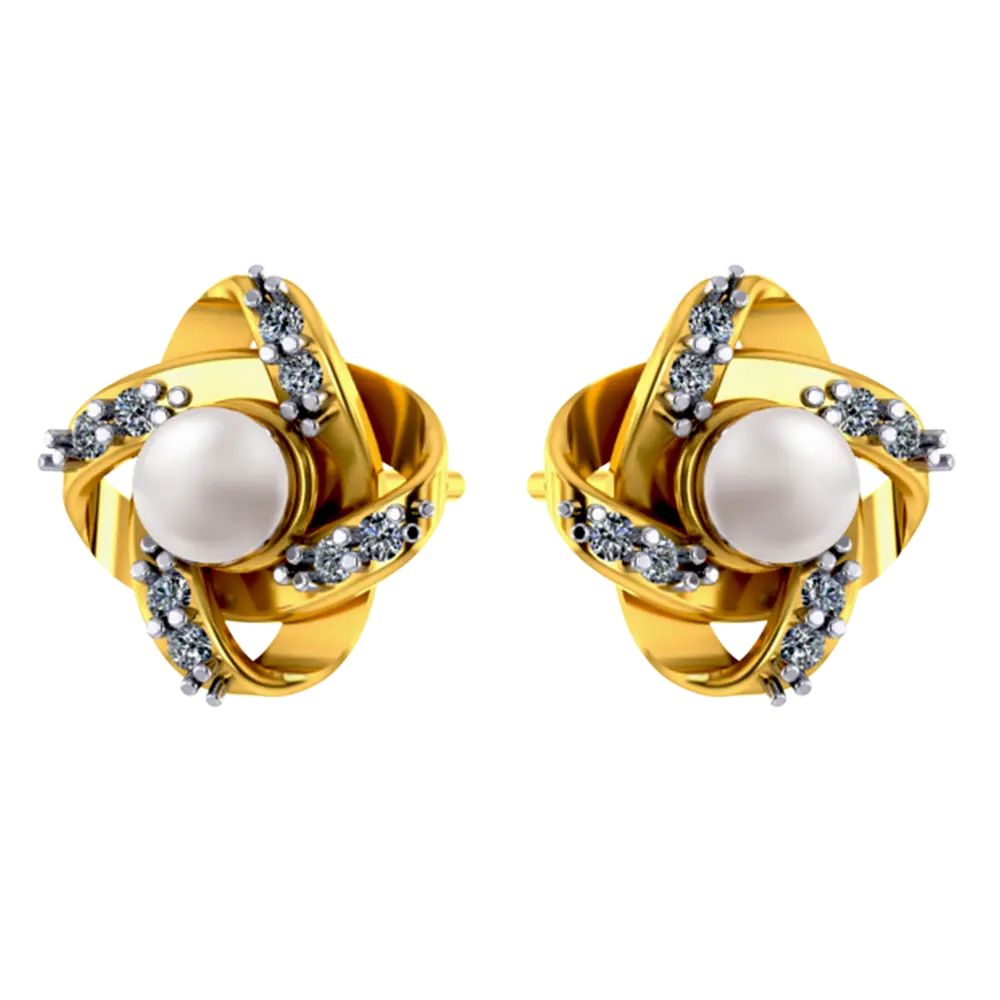 14K Floral 3D gold earrings with pearl and stone design