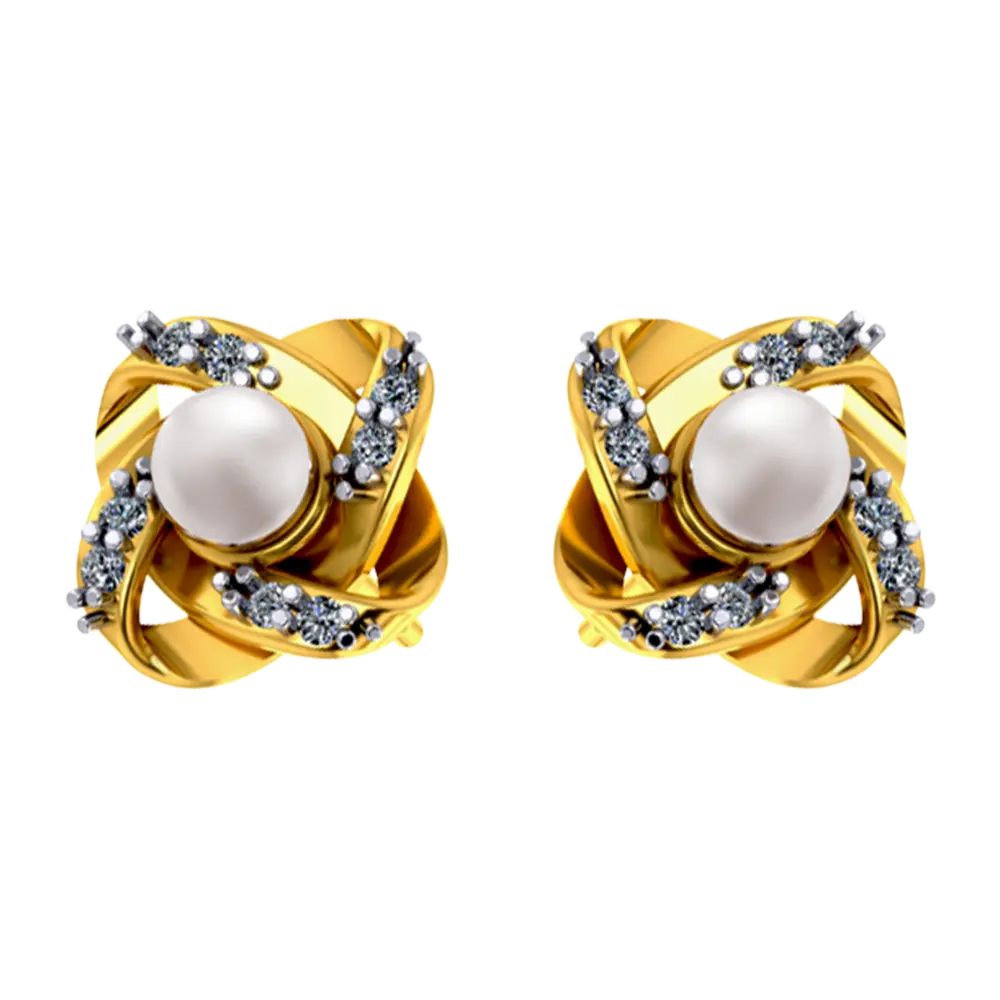 14K Floral 3D gold earrings with pearl and stone design