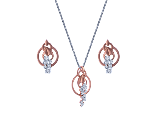 18K Unique Rose Gold And Diamond Necklace Earrings Set