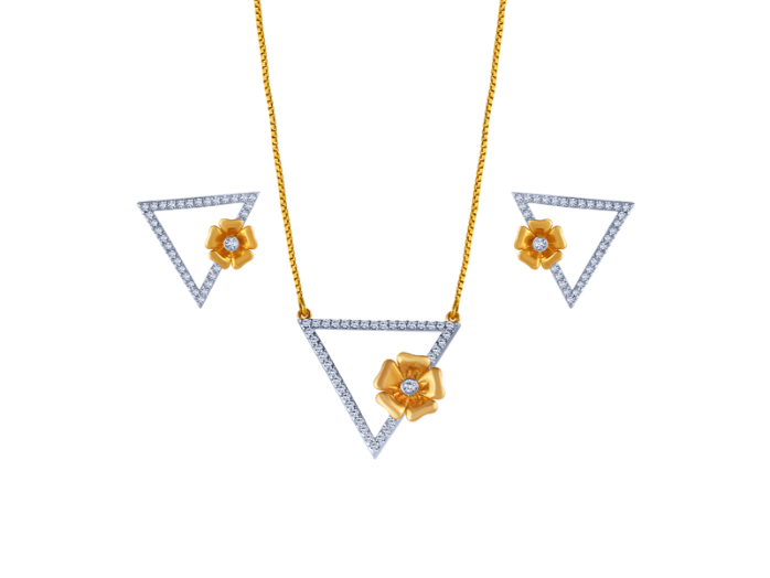 18K Triangular Diamond Necklace Earrings Set with an intricate Flower