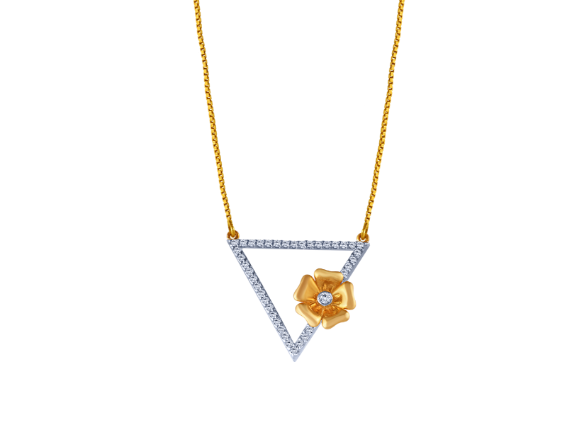 18K Triangular Diamond Necklace Earrings Set with an intricate Flower